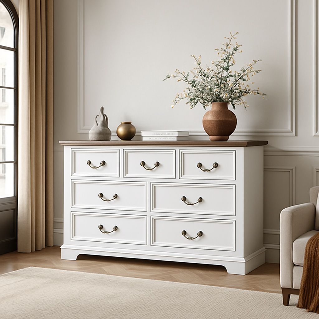 New Farmhouse Dresser for Bedroom with 7 Drawer, 48" Wide Rustic Chest of Drawers with Metal Handle, Wood Vintage Dresser TV Stand, Wooden Closet Stor