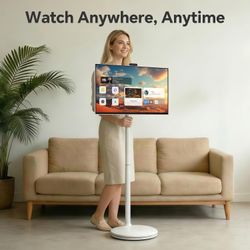 32" 2K Smart Portable TV, Rolling TV on Wheels, Anti-Glare Touchscreen Monitor, Rechargeable Battery, Full Swivel Rotation, 20W Speakers, Snap-on Came