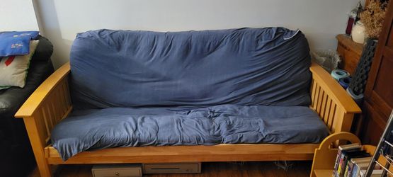 Wood Frame Futon with Blue Mattress