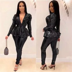 Black Sequin Peplum Two-Piece Set