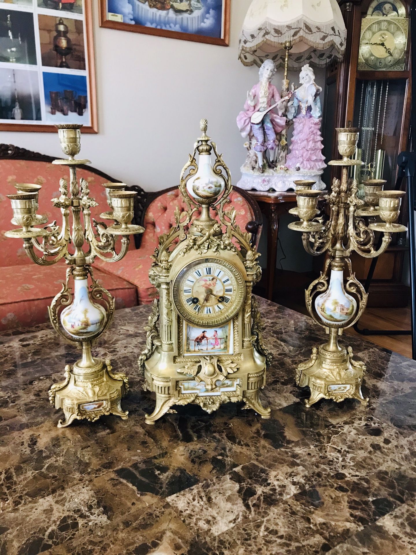 Antique French Clock Mantle & Candelabras