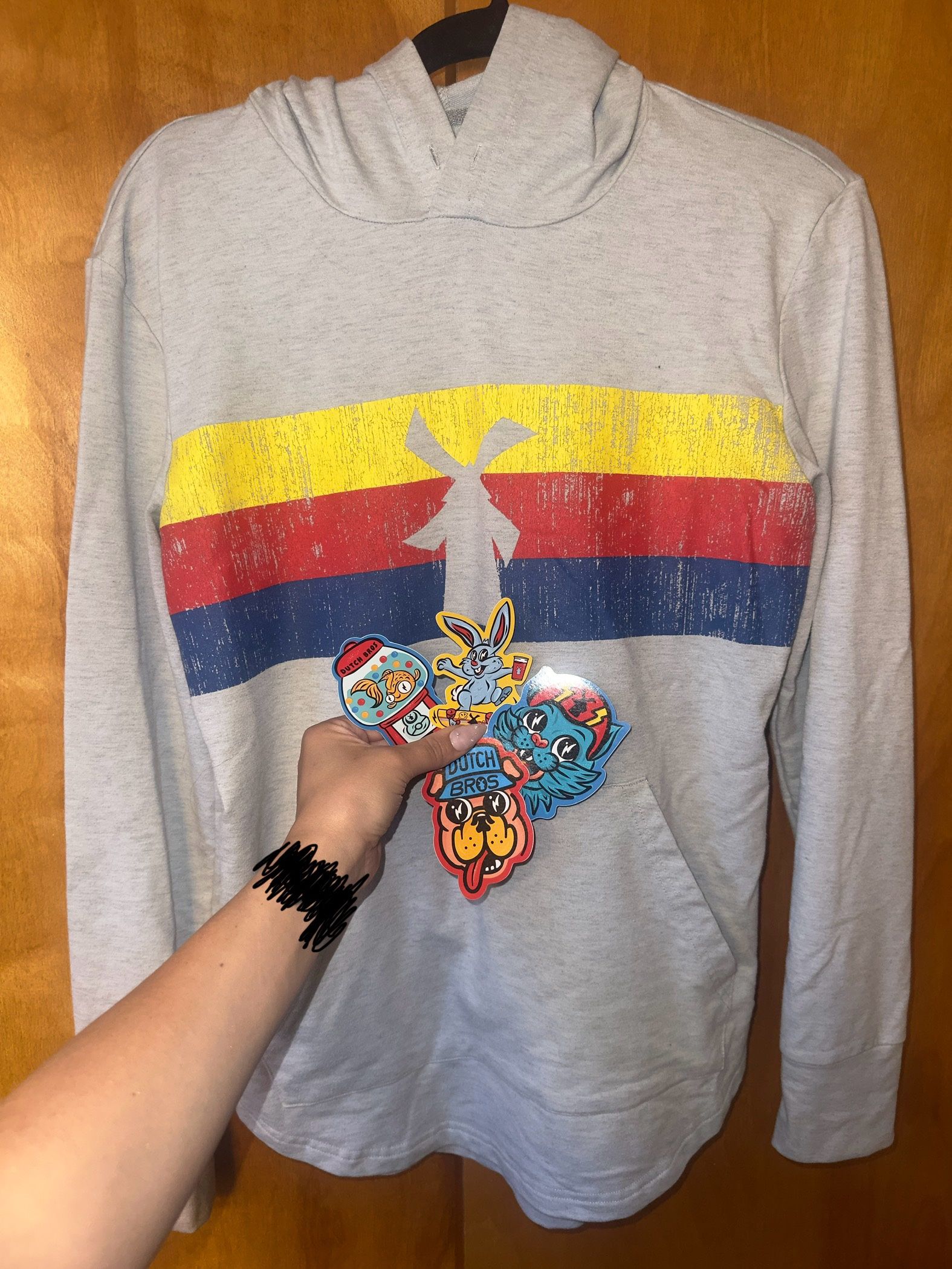 Vintage Dutch Bros Hoodie Size M Unisex and 5 stickers