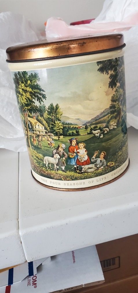 Vintage Decoware Tin "The Four Seasons of Life: Childhood"  Currier & Ives 6"HX5"D