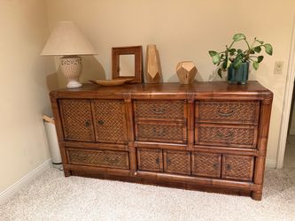 Large Vintage Rattan & Wicker Dresser / Credenza - 79” Wide