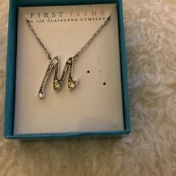 Silver Necklace With The Initial M With Crystals Pendant (LIZ CLAIBORNE)