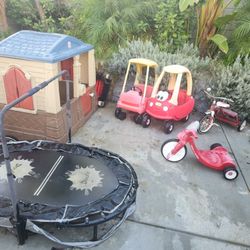 Playhouse, Trampoline, 2 Little Tikes Feet Paddle Cars $100 