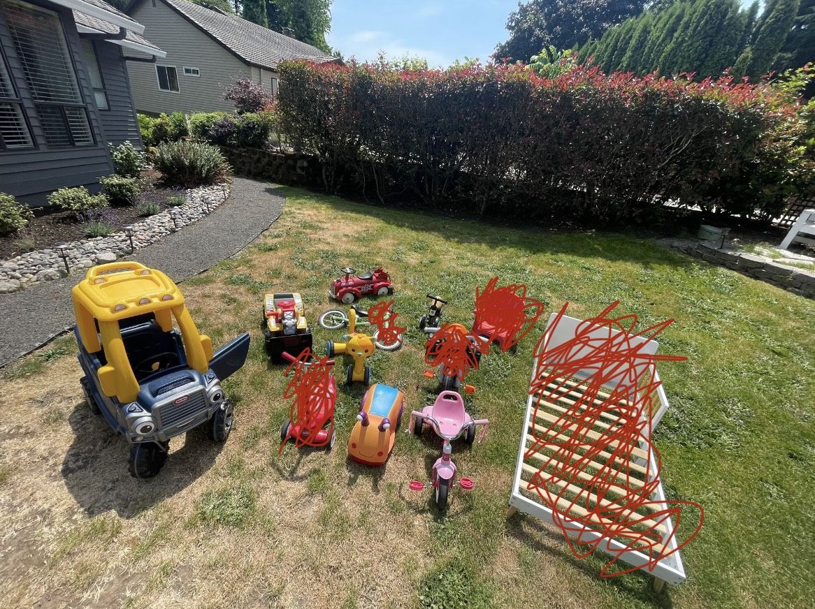 Lots of Ride-On Bikes, Firetruck, Trucks, Trikes