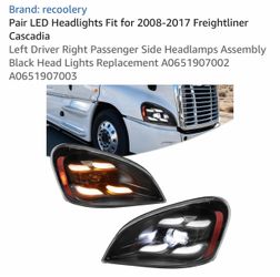 Pair LED Headlights Fit for 2008-2017 Freightliner Cascadia Left Driver Right Passenger Side Headlamps Assembly Black Head Lights Replacement A0651907