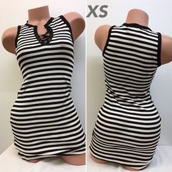 black white stripe mini summer dress XS new 