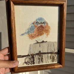 Vintage "Mad Blue Bird" cross-stitch Hand stitched  9x7” Wooden Wall Art Wall Hanging Artwork 