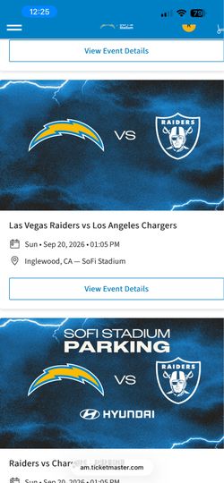 Two tickets Chargers vs Raiders plus Parking Pass