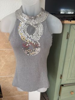 INC International Concepts Gray Silk Blend Sequin Halter Top Size Medium