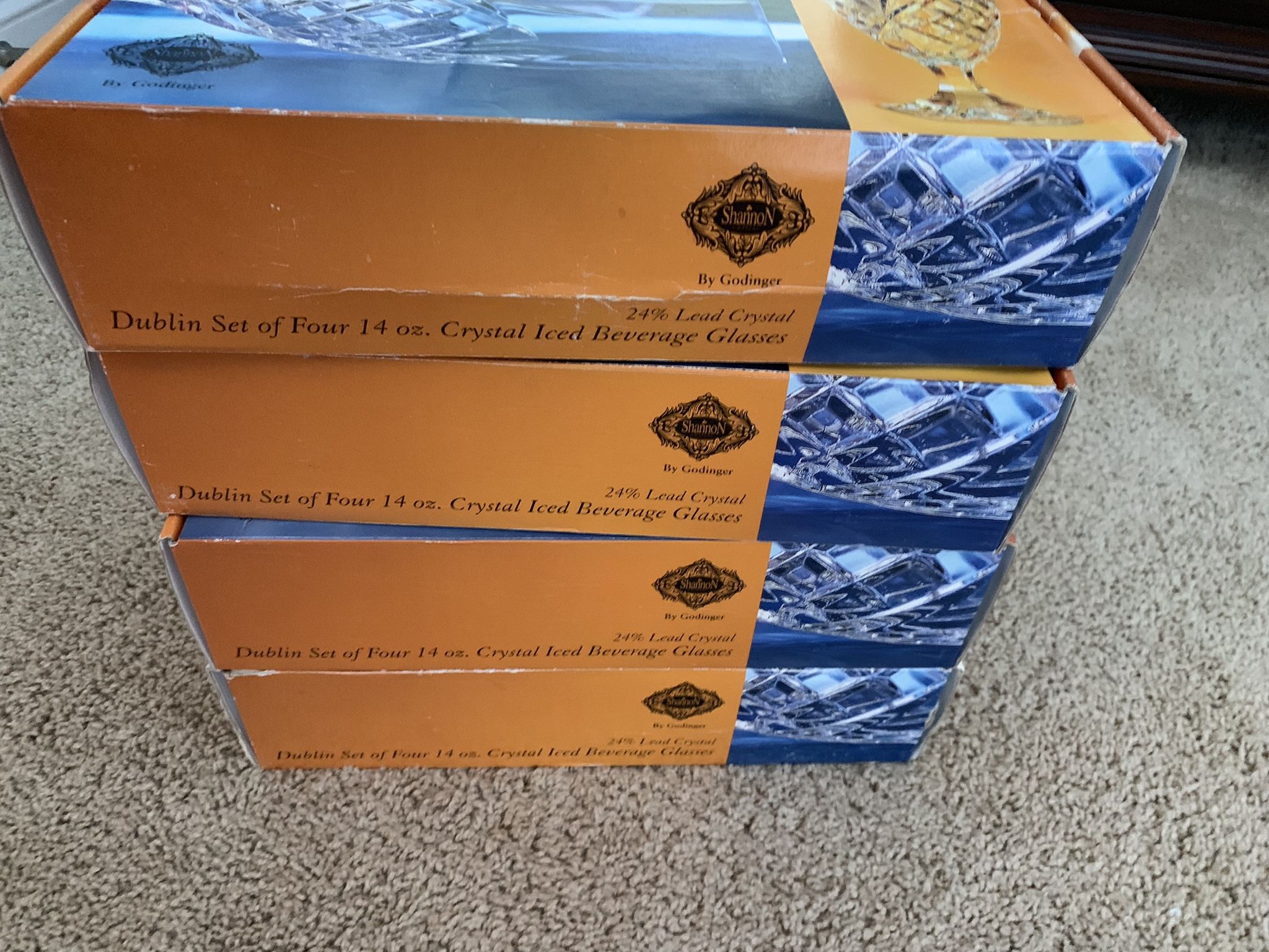 5 Boxes Of Godinger. Shannon 24% Lead Crystal Carved Beverage Glasses, Each Box Has 4, New