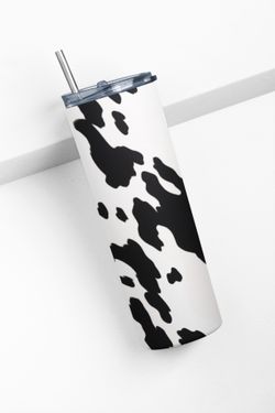 Stainless Steel Skinny Tumbler with Cow Print Design, 20 oz, Black and White