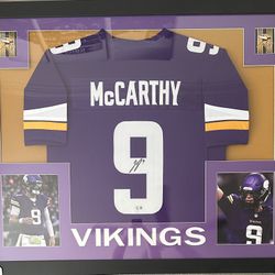 JJ McCarthy Signed Minnesota Vikings Framed Custom Pro Style Jersey Beckett