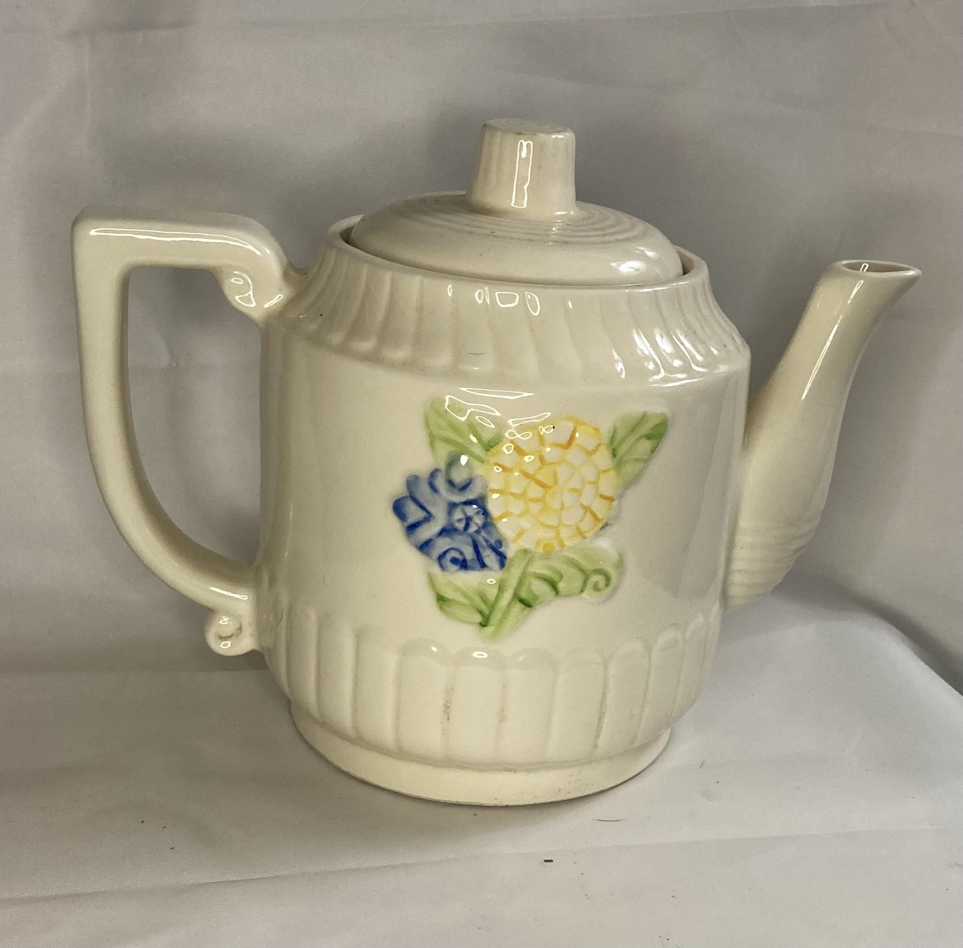 Teapot Blue Yellow Vintage Coffee Teapot Vintage 50s Fraunfelter Stoneware Coffee Teapot Blue Yellow Raised Flowers Thermo P