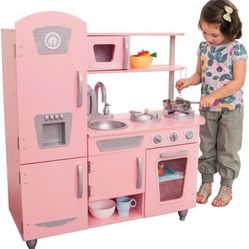 KidKraft Vintage Wooden Play Kitchen with Pretend Ice Maker and Play Phone, Pink