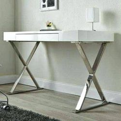 New white high gloss Modern Desk + Chrome Legs