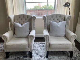 Pair of Tufted Wingback Accent Chairs - Linen/beige color