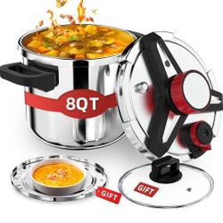 3-In-1 304 Stainless Steel Pressure Cooker 8 QT: [Explosion-Proof] [3 PSI Settings], One-Hand 