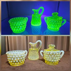 Opalescent Vaseline Uranium Cruet, Creamer And Sugar with Lid