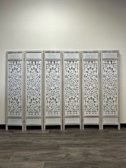 67” H x 96” W White Wash 6-Panel Carved Wood Folding Room Divider | Rustic Privacy Screen | Decorative Partition
