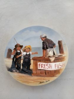 2 pcs Vintage Plates Made by Edwin M Knowles "Boys Fishing Story" & Gossip at the Alcove"