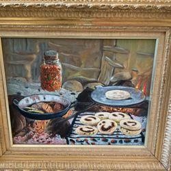Vintage Original Oil Painting – Venezuelan Arepas Cooking Scene – Signed Rodríguez – Ornate Gold Frame