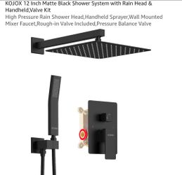 12 Inch Matte Black Shower System with Rain Head & Handheld,Valve Kit