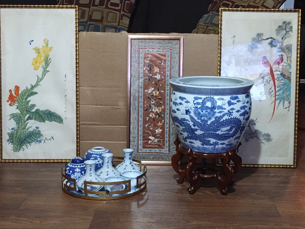 Vintage Chinese Watercolor Paintings Over Silk Embroidery + China