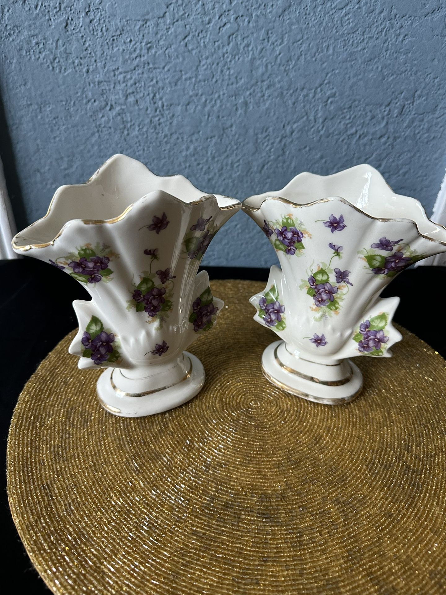 2 Beautiful Violets and Gold Vase. 22K Gold Trim Bone China