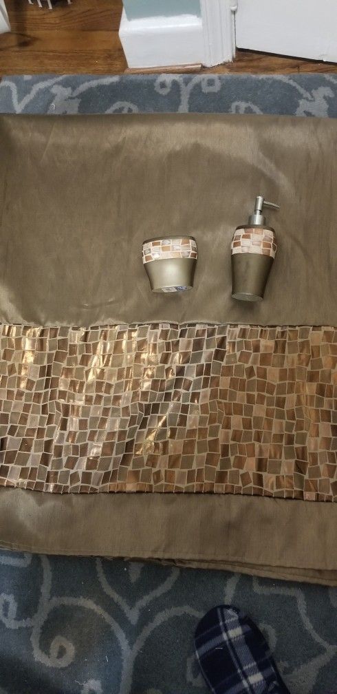 Shower curtain carpet tooth brush holder and soap pump