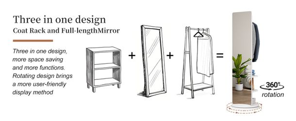 360° Rotating 69x16 Multifunctional Full Length Mirror with Hook Storage Rack Coat Rack with Mirror Solid Wood Floor Mirror Bedroom Living Room Cloakr