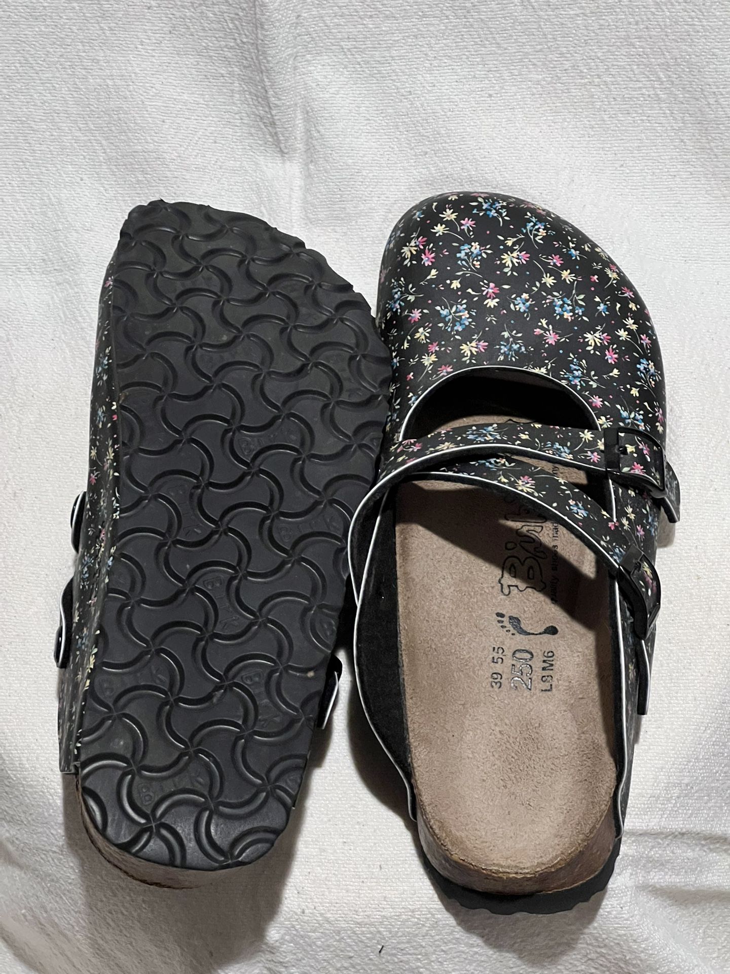 Birkenstock - Black with white vines + red and blue flowers