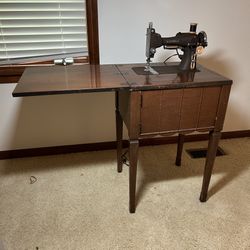 Antique Sewing Machine National Folding Hideaway Table Attachments Wooden Black Brown 1900s