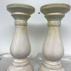 Pair Of Ceremic Candle Holders, 10” Tall, 4 .5” Diameter Neutral Cream Color Good Condition