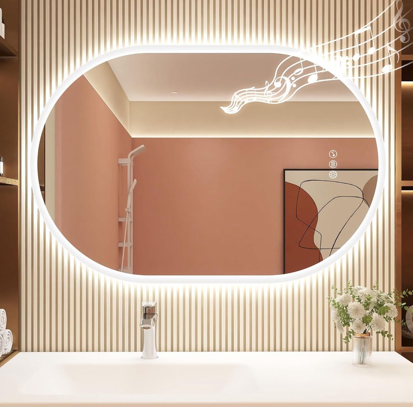 New 24”x36” Oval LED Mirror – Bluetooth, Anti-Fog, Dimmable