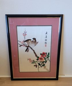 Framed Chinese Silk Embroidery Bird and Flowers Art