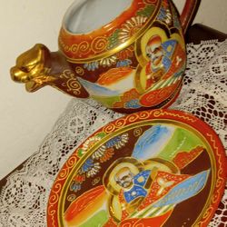 X2 VINTAGE DRAGON JAPANESE SATSUMA HAND PAINTED PORCELAIN DISH PLATE TEA POT KETTLE DECOR COLLECTABLE SET