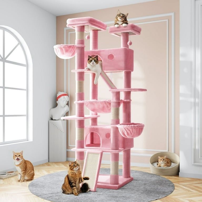 81" Large Cat Tree Tower for Large Cats with Cat Condo Hammock, 2 Scratching Ramps, 6 Scratching Posts, Pink