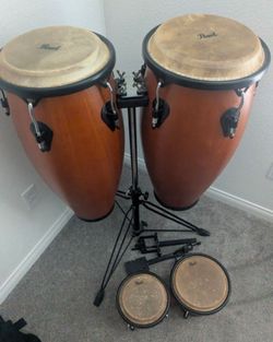 Pearl Primero Conga and Bongo Set With Stand in Mahogany Satin Stain