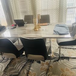 Dining Table in Grey and Stainless Steel with 6 Chairs 