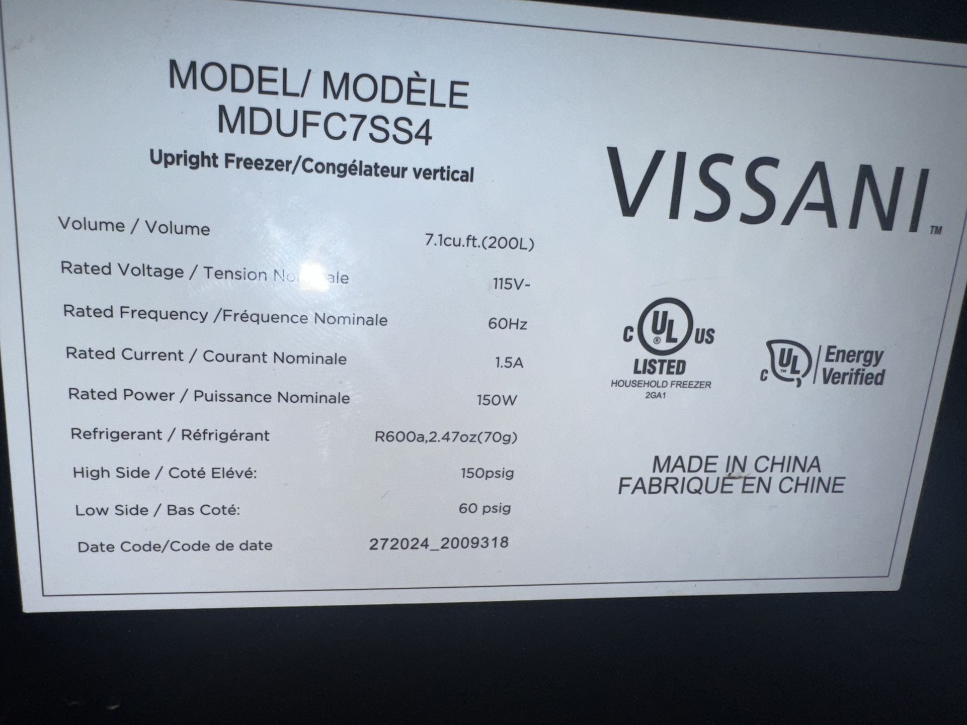 VISSANI UPRIGHT FREEZER