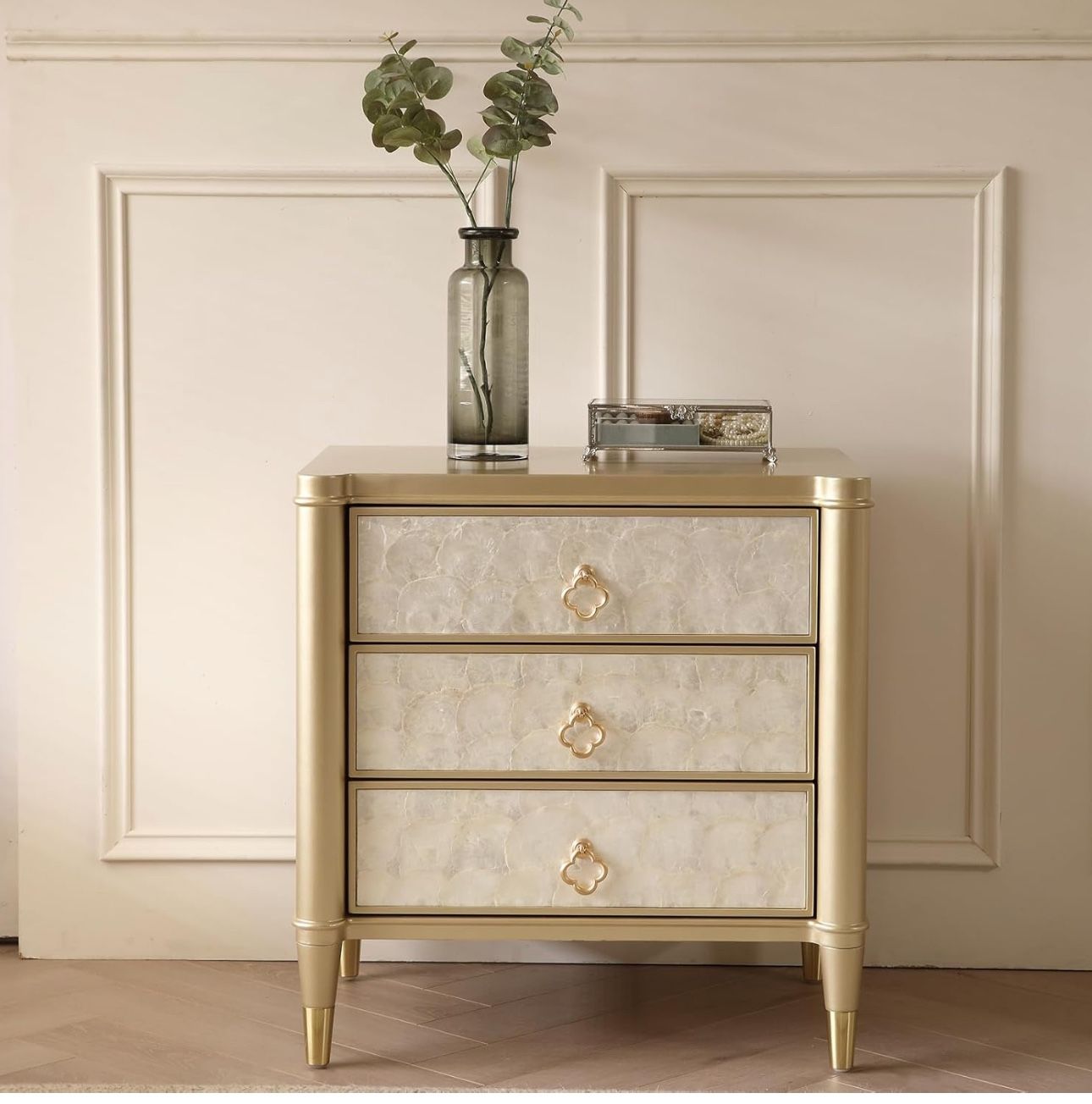 Fukayi Luxury Nightstand with 3 Storage Drawers Mother of Pearl Inlay Bedside Night Stand