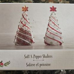 Pier 1 Christmas Tree Glass Salt and Pepper Shakers in Original Box