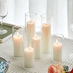 Set of 6 White Pillar Candles with Clear Glass Hurricane Holders- Elegant Cylinder Candle Vases for Weddings, Parties, Centerpieces, Home & Office Dec