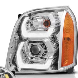 (DRL) Brighter LED DRL Projector Headlight Assembly for 2007-2014 GMC Yukon/Yukon XL 1500/2500, Chrome Housing with Amber Reflector​