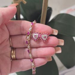 10K Gold Ruby & Diamond Bracelet – 7.5" with Matching Heart Earrings