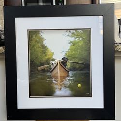 Labradors In Canoe Print:  Dog Lover Lake House Art 