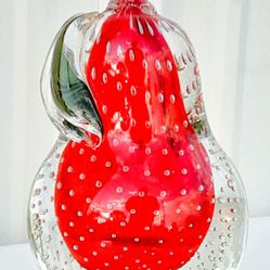 McM Red Murano Art Glass Controlled bubble Pear Paperweight 6"  